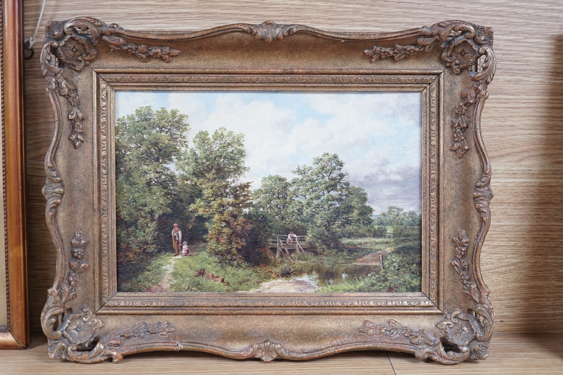 Albert Gyngell (1841-1894), oil on mill board, Figures in a river landscape, 19 x 29cm